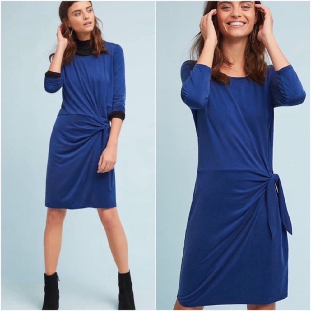 Anthropologie Dolan Tie Front Knit Dress Long Sleeve Blue Comfy 3/4 Sleeve Large